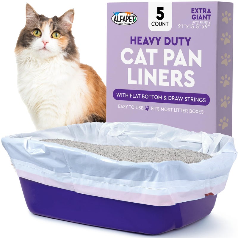 Alfapet Cat Litter Box Liners Alfapet Heavy Duty Flat Bottom - Extra Giant 5 Count - Tear-Resistant Cat Litter Bags - Kitty Litter Liners for Rectangular Litterbox Pans, 36â€ x 18â€ x 2MIL Thick 30 lb Capacity - Image 1